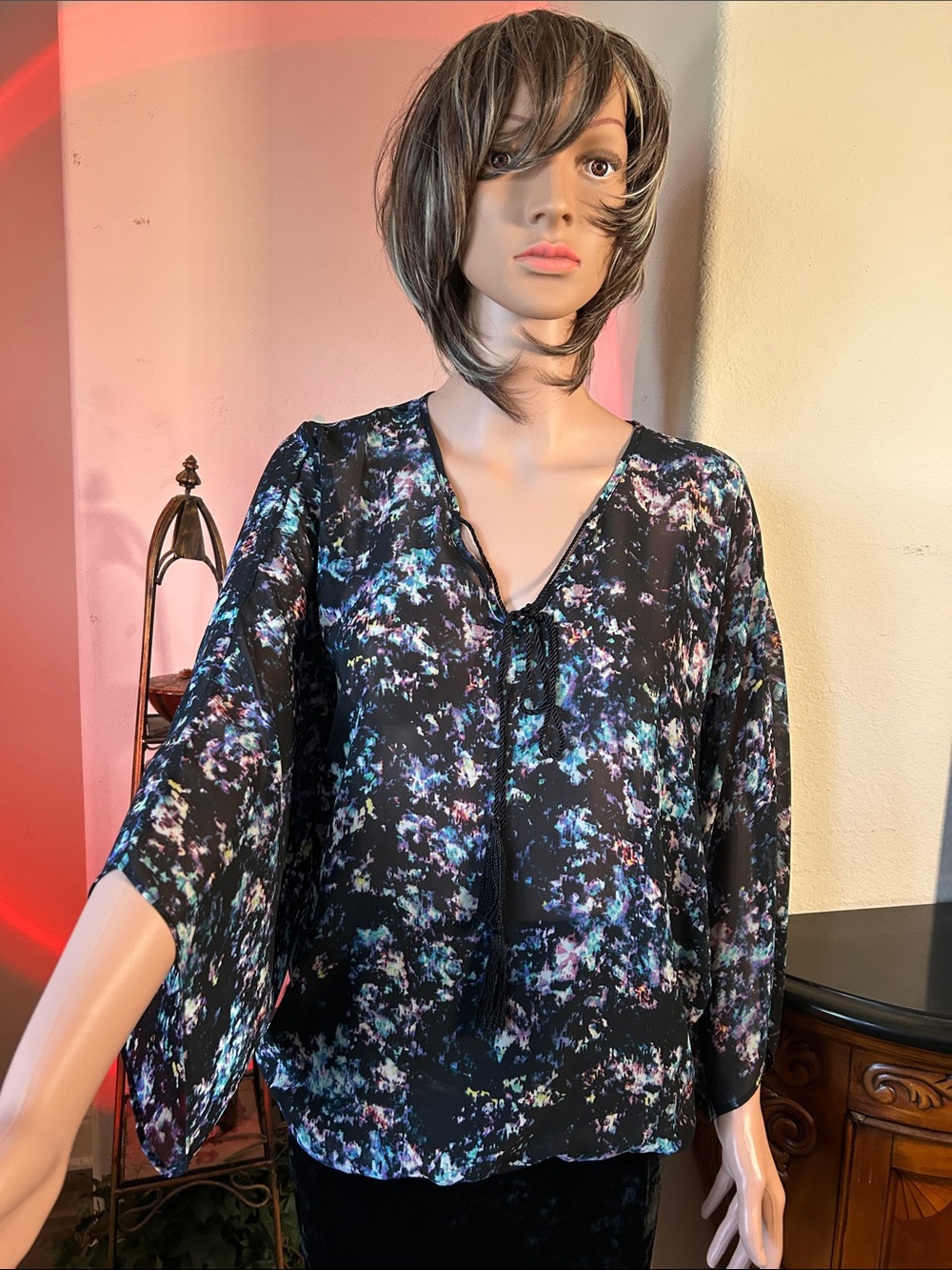 Womens Black Floral Tie-Neck Blouse